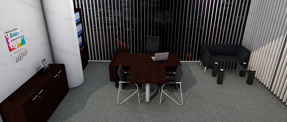 Дизайн-проект директорского кабинет с высокими стеклами. Мебель - Торр, Смарт, Аккорд. Серый пол, белые стены.