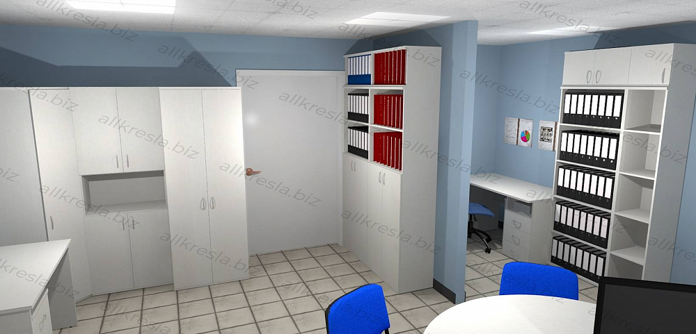 3D Проект офисной мебели СТАНДАРТ 22 мм. Цвет мебели - Пепел. Пол - бежевая плитка, стены - светло-синие.